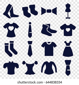 Garment icons set. set of 16 garment filled icons such as baby socks, dress, mannequin, socks, blouse, bow tie, tie, t-shirt with heart