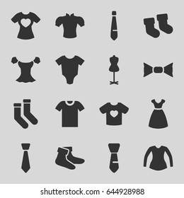 Garment icons set. set of 16 garment filled icons such as baby socks, baby onesie, dress, mannequin, socks, blouse, bow tie, tie, t-shirt with heart