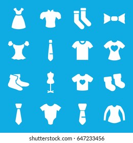 Garment icons set. set of 16 garment filled icons such as baby socks, baby onesie, dress, mannequin, socks, blouse, bow tie, tie, t-shirt with heart