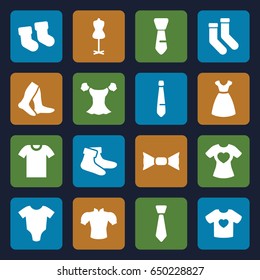 Garment icons set. set of 16 garment filled icons such as baby socks, baby onesie, dress, mannequin, socks, blouse, bow tie, tie, t-shirt with heart