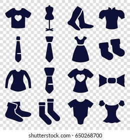 Garment icons set. set of 16 garment filled icons such as baby socks, baby onesie, dress, mannequin, socks, blouse, bow tie, tie