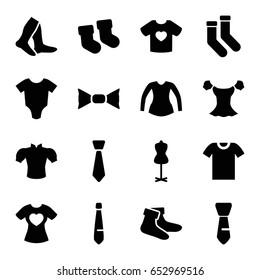 Garment icons set. set of 16 garment filled icons such as baby socks, baby onesie, mannequin, socks, blouse, bow tie, tie, t-shirt with heart