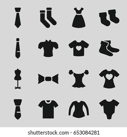 Garment icons set. set of 16 garment filled icons such as baby socks, baby onesie, dress, mannequin, socks, blouse, bow tie, tie, t-shirt with heart