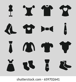 Garment icons set. set of 16 garment filled icons such as baby socks, baby onesie, dress, mannequin, socks, blouse, bow tie, tie, t-shirt with heart