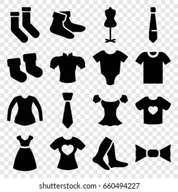 Garment icons set. set of 16 garment filled icons such as baby socks, baby onesie, dress, mannequin, socks, blouse, bow tie, t-shirt with heart, tie