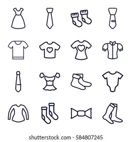 garment icons set. Set of 16 garment outline icons such as baby socks, baby onesie, dress, socks, blouse, bow tie, tie, t-shirt with heart