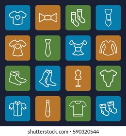 garment icons set. Set of 16 garment outline icons such as baby socks, baby onesie, mannequin, socks, blouse, bow tie, tie, t-shirt with heart