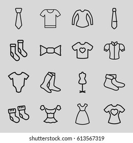 Garment icons set. set of 16 garment outline icons such as baby socks, baby onesie, dress, mannequin, socks, blouse, bow tie, t-shirt with heart, tie