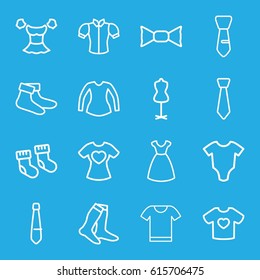 Garment icons set. set of 16 garment outline icons such as baby socks, baby onesie, dress, mannequin, socks, blouse, bow tie, tie, t-shirt with heart