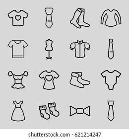 Garment icons set. set of 16 garment outline icons such as baby socks, baby onesie, dress, mannequin, socks, blouse, bow tie, tie, t-shirt with heart