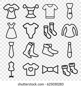 Garment icons set. set of 16 garment outline icons such as baby socks, baby onesie, dress, mannequin, socks, blouse, bow tie, tie, t-shirt with heart