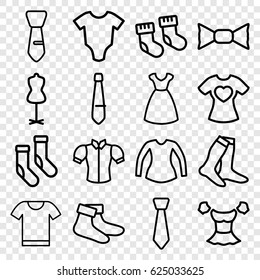 Garment icons set. set of 16 garment outline icons such as baby socks, baby onesie, dress, mannequin, socks, blouse, bow tie, tie, t-shirt with heart