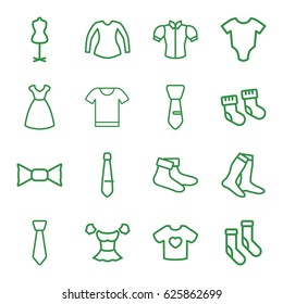 Garment icons set. set of 16 garment outline icons such as baby socks, baby onesie, dress, mannequin, socks, blouse, bow tie, tie, t-shirt with heart