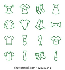 Garment icons set. set of 16 garment outline icons such as baby socks, baby onesie, dress, mannequin, socks, blouse, bow tie, tie, t-shirt with heart