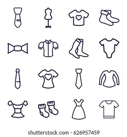 Garment icons set. set of 16 garment outline icons such as baby socks, baby onesie, dress, mannequin, socks, blouse, bow tie, tie, t-shirt with heart