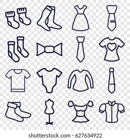 Garment icons set. set of 16 garment outline icons such as baby socks, baby onesie, dress, mannequin, socks, blouse, bow tie, tie, t-shirt with heart