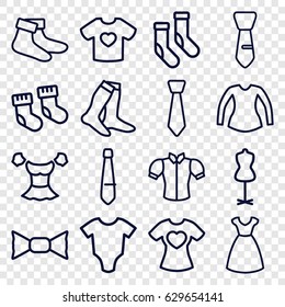 Garment icons set. set of 16 garment outline icons such as baby socks, baby onesie, dress, mannequin, socks, blouse, bow tie, tie