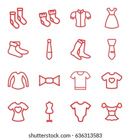 Garment icons set. set of 16 garment outline icons such as baby socks, baby onesie, dress, mannequin, socks, blouse, bow tie, tie, t-shirt with heart