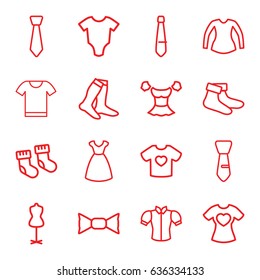 Garment icons set. set of 16 garment outline icons such as baby socks, baby onesie, dress, mannequin, socks, blouse, bow tie, tie, t-shirt with heart