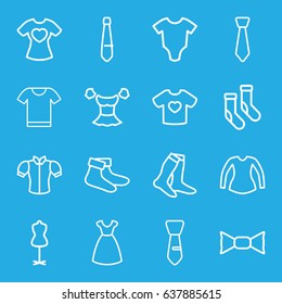 Garment icons set. set of 16 garment outline icons such as baby onesie, dress, mannequin, socks, blouse, bow tie, tie, t-shirt with heart