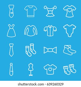 Garment icons set. set of 16 garment outline icons such as baby socks, baby onesie, dress, mannequin, socks, blouse, bow tie, tie, t-shirt with heart