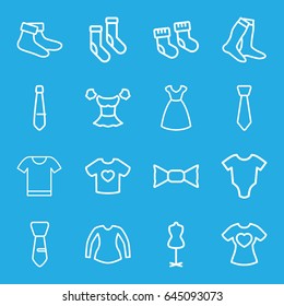 Garment icons set. set of 16 garment outline icons such as baby socks, baby onesie, dress, mannequin, socks, blouse, bow tie, tie, t-shirt with heart