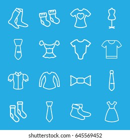 Garment icons set. set of 16 garment outline icons such as baby socks, baby onesie, dress, mannequin, socks, blouse, bow tie, tie, t-shirt with heart