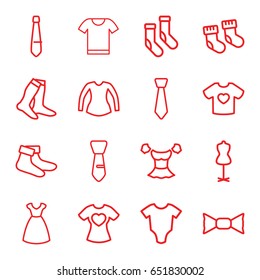 Garment icons set. set of 16 garment outline icons such as baby socks, baby onesie, dress, mannequin, socks, blouse, bow tie, tie, t-shirt with heart