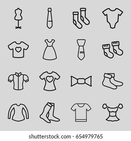 Garment icons set. set of 16 garment outline icons such as baby socks, baby onesie, dress, mannequin, socks, blouse, bow tie, tie, t-shirt with heart