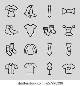 Garment icons set. set of 16 garment outline icons such as baby socks, baby onesie, mannequin, socks, blouse, bow tie, tie, t-shirt with heart