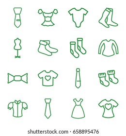 Garment icons set. set of 16 garment outline icons such as baby socks, baby onesie, dress, mannequin, socks, blouse, bow tie, tie