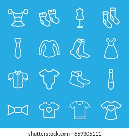 Garment icons set. set of 16 garment outline icons such as baby socks, baby onesie, dress, mannequin, socks, blouse, bow tie, t-shirt with heart, tie