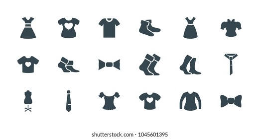 Garment icons. set of 18 editable filled garment icons: dress, socks, bow tie, t-shirt with heart, tie, t-shirt, mannequin