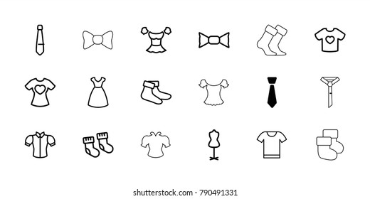Garment icons. set of 18 editable outline garment icons: tie, baby socks, dress, mannequin, socks, blouse, bow tie, t-shirt with heart