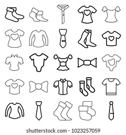 Garment icons. set of 25 editable outline garment icons such as baby onesie, socks, blouse, bow tie, tie, t-shirt with heart, t-shirt