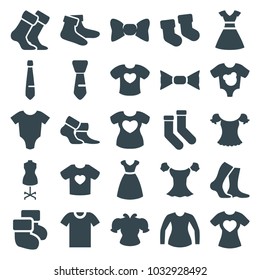 Garment icons. set of 25 editable filled garment icons such as baby socks, baby onesie, dress, socks, blouse, bow tie, tie, t-shirt with heart, t-shirt