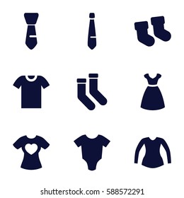 garment icons set. Set of 9 garment filled icons such as baby socks, baby onesie, dress, socks, blouse, tie, t-shirt with heart