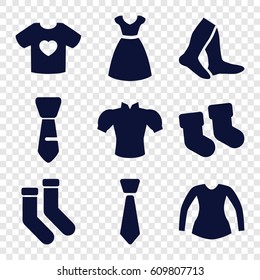 Garment icons set. set of 9 garment filled icons such as baby socks, dress, socks, blouse, tie