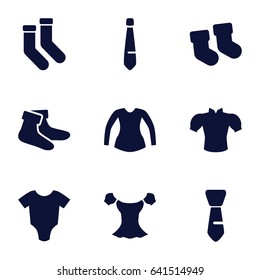 Garment icons set. set of 9 garment filled icons such as baby socks, baby onesie, socks, blouse