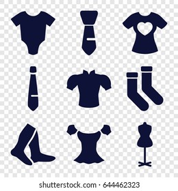 Garment icons set. set of 9 garment filled icons such as baby onesie, mannequin, socks, blouse, tie