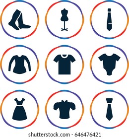 Garment icons set. set of 9 garment filled icons such as baby onesie, dress, mannequin, socks, blouse, tie