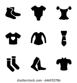 Garment icons set. set of 9 garment filled icons such as baby onesie, socks, blouse, tie