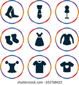 Garment icons set. set of 9 garment filled icons such as baby socks, dress, mannequin, socks, blouse, tie, t-shirt with heart