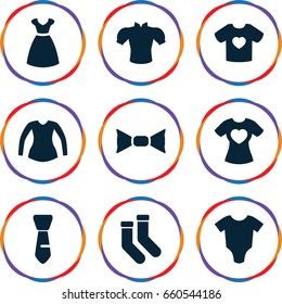 Garment icons set. set of 9 garment filled icons such as baby onesie, dress, socks, blouse, bow tie, tie