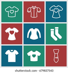 Garment icons set. set of 9 garment filled and outline icons such as socks, blouse, t-shirt with heart, t-shirt