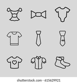 Garment icons set. set of 9 garment outline icons such as baby onesie, socks, blouse, bow tie, tie, t-shirt with heart