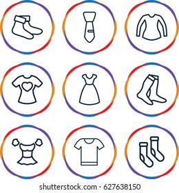 Garment icons set. set of 9 garment outline icons such as dress, socks, blouse, tie, t-shirt with heart