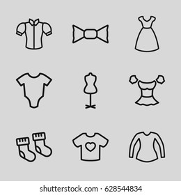 Garment icons set. set of 9 garment outline icons such as baby socks, baby onesie, dress, mannequin, blouse, bow tie