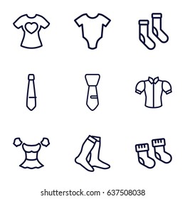 Garment icons set. set of 9 garment outline icons such as baby socks, baby onesie, socks, blouse, tie