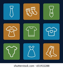 Garment icons set. set of 9 garment outline icons such as baby socks, baby onesie, dress, socks, tie, t-shirt with heart